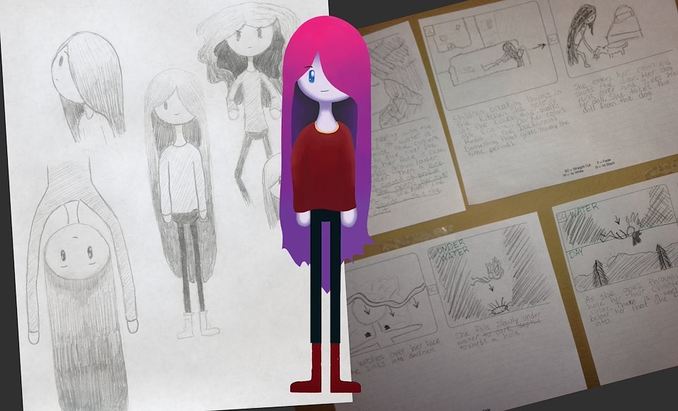 Character design with pencil sketches and a digital color model