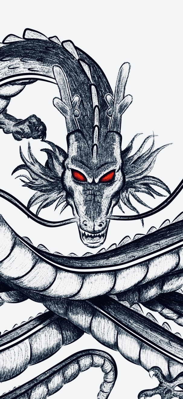 Ink drawing of a coiled dragon with red eyes