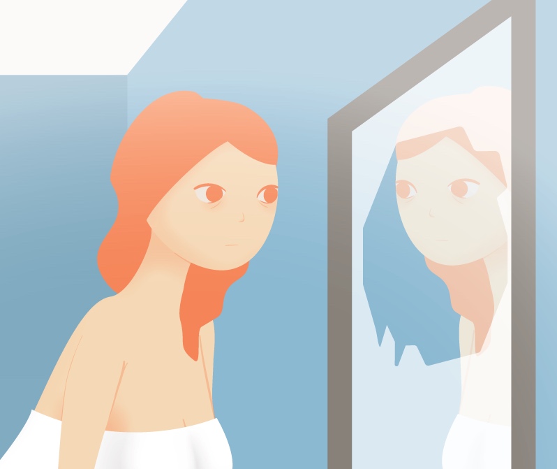 Digital painting of a figure looking into a bathroom mirror