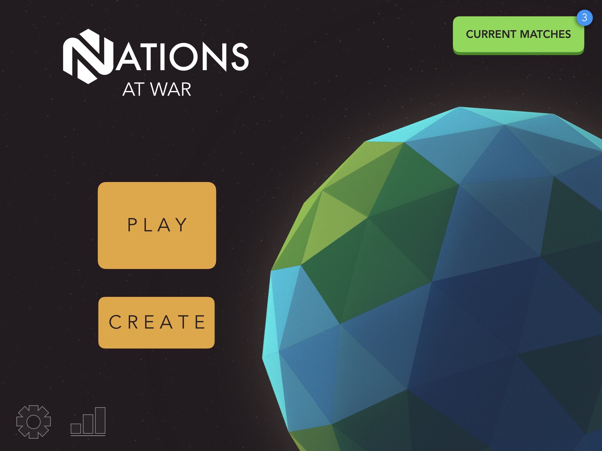 Nations at War title screen with Play and Create beside a low-poly globe