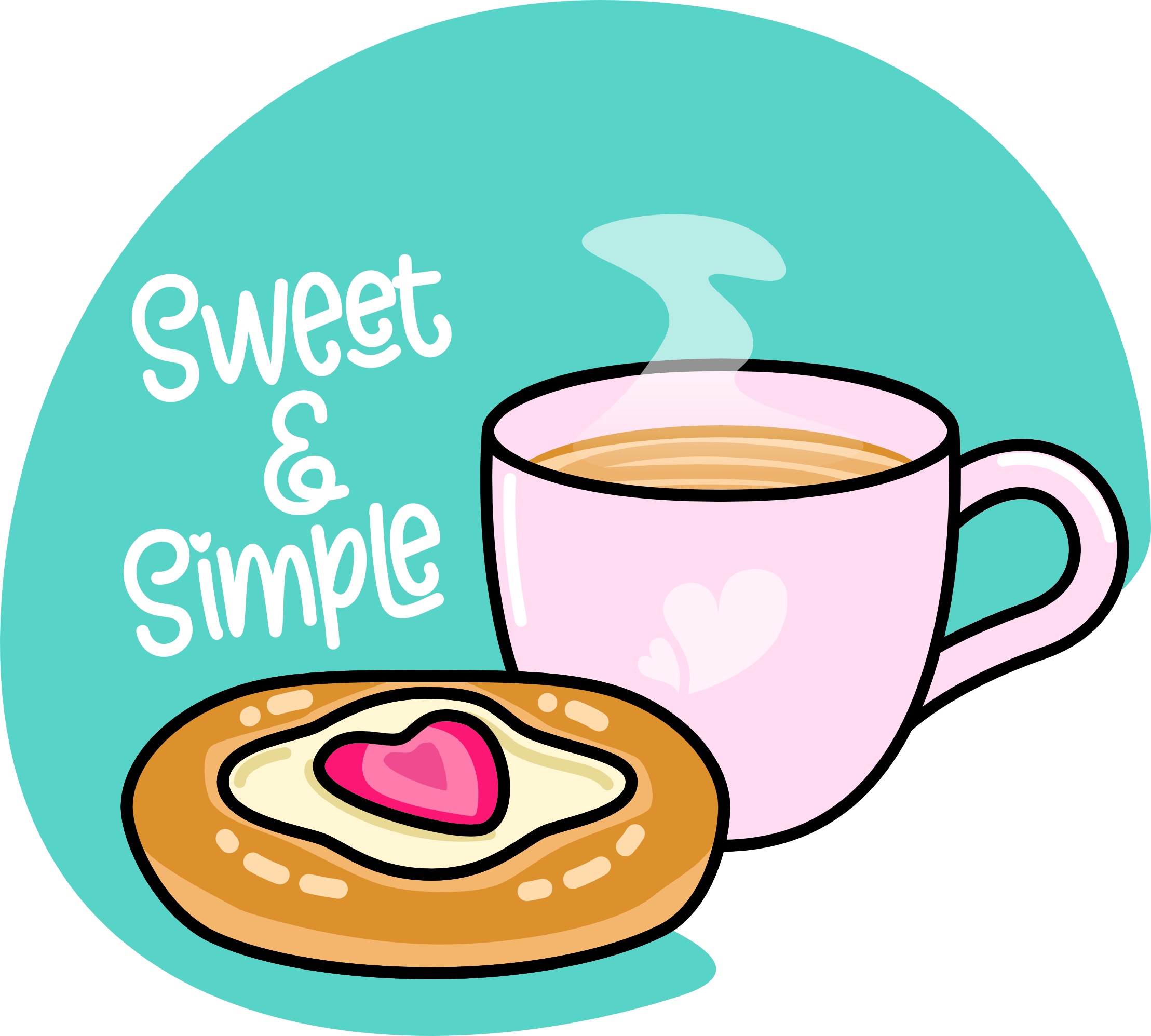 Sweet and Simple logo: white script beside a pink mug and heart cookie on teal